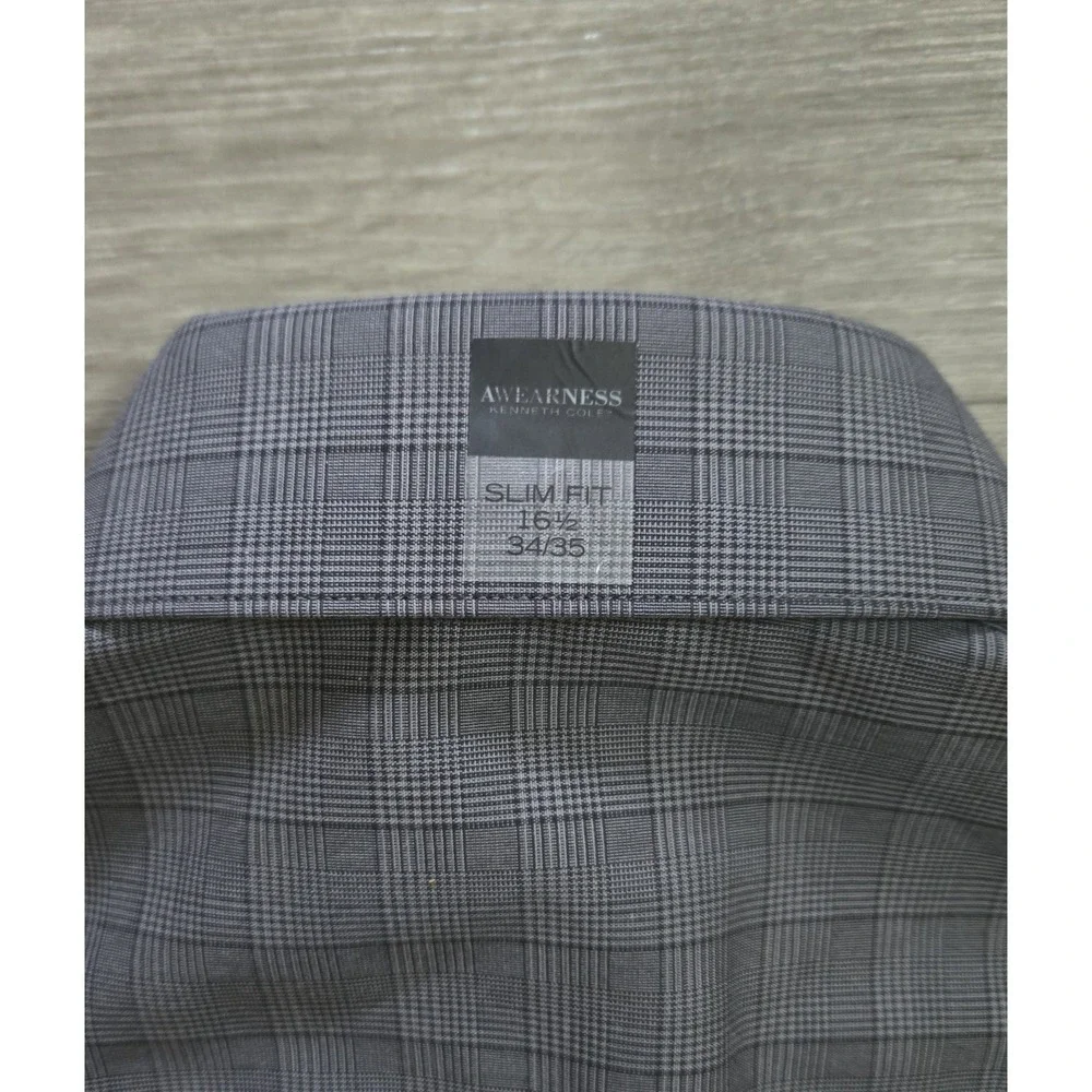 Kenneth Cole Awearness Men's Shirt 16.5 34/35 Gray Check Button Up SLIM FIT NWT